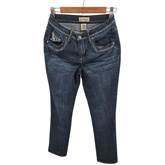 Earl Jean Women's Dark Wash Embellished Pocket Jeans Size 4 Blue Straight Leg - Picture 5 of 7